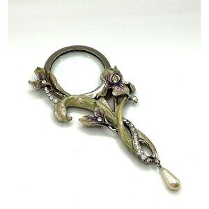 Vintage-Inspired Floral Magnifying Glass With Rhinestones and Pearl Drop Accent